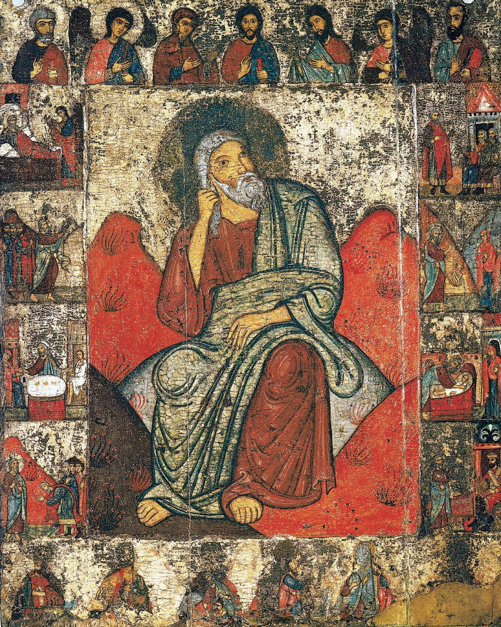 Prorok Eliáš v poušti s výjevy z jeho života a Deesis, 13. – první třetina 14. od Russian icon.