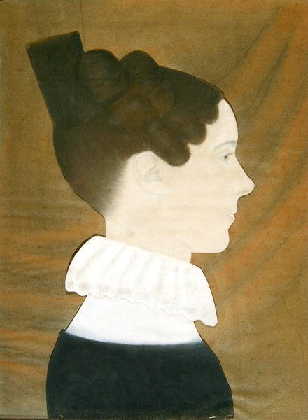 Portrét Mary Davis Denny (pastel, dřevěné uhlí a barevná papírová koláž na modrém tkaném papíře) od Ruth Henshaw Bascom