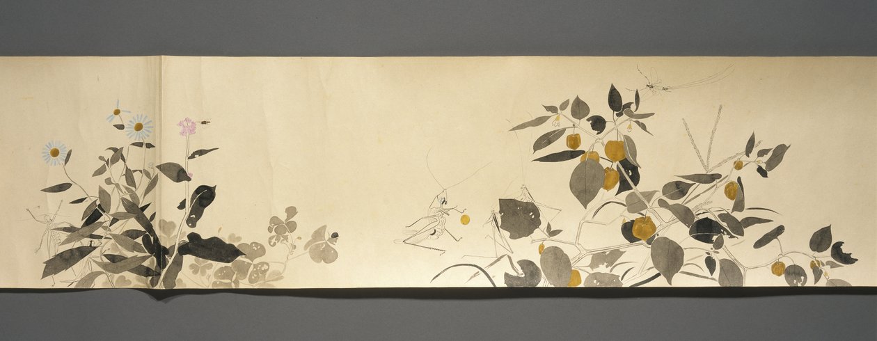 Přátelé divoké zvěře (Yasei no Tomo), období Taisho, 7. rok Taisho, kolem 1918 (inkoust a wc na tkaném papíře zdobené slídou) od Ryoka Kawakami