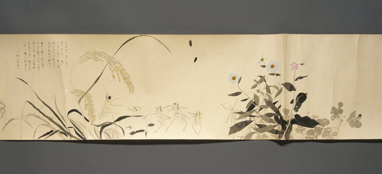 Přátelé divoké zvěře (Yasei no Tomo), období Taisho, 7. rok Taisho, kolem 1918 (inkoust a wc na tkaném papíře zdobené slídou) od Ryoka Kawakami
