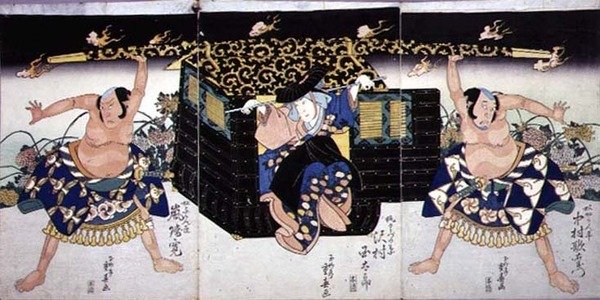 Scéna ze 4. dějství kabuki hry „Ashiya doman ouchi kagami“ od Ryusai Shigeharu