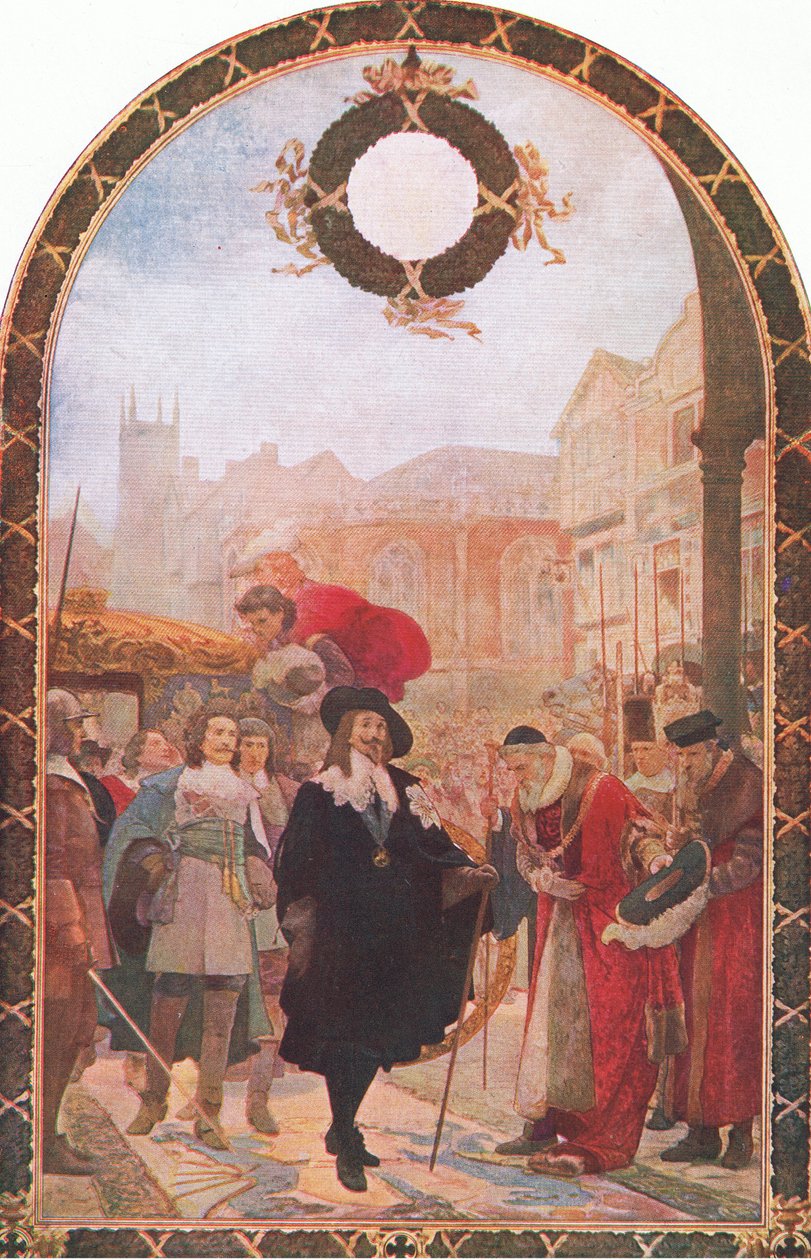 Karel I. požaduje pět členů v Guildhall 1641, ilustrace z The History of the British People vydané nakladatelstvím Waverley, kolem roku 1940 od S. J. Soloman