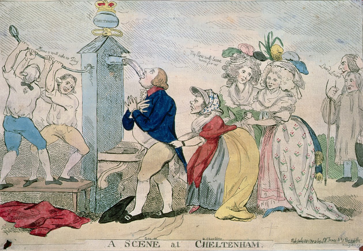 Scéna v Cheltenhamu. Satirical Cartoon, hospoda. 1788 od S.W. Fores