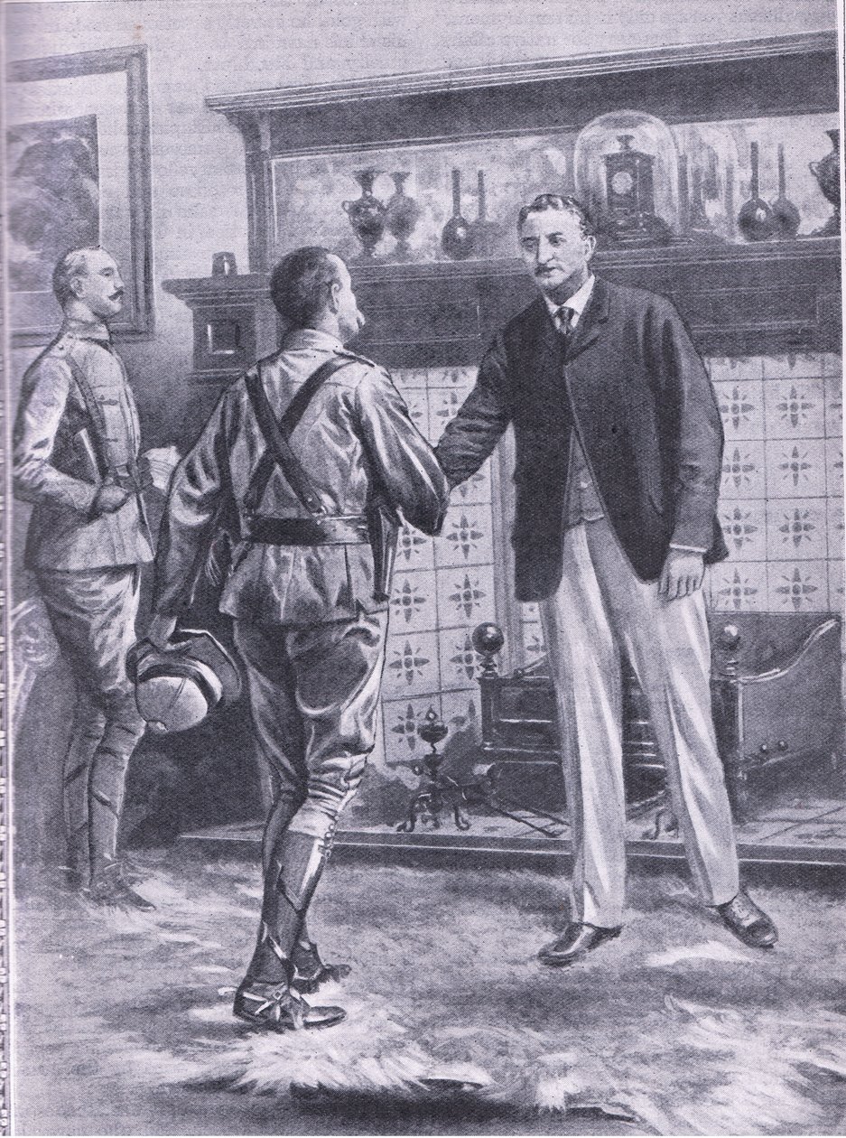 Když Kimberley ulehčila francouzština. General French a Cecil Rhodes, ilustrace z Cassells Romance of Famous Lives, kolem roku 1940 od S. Begg