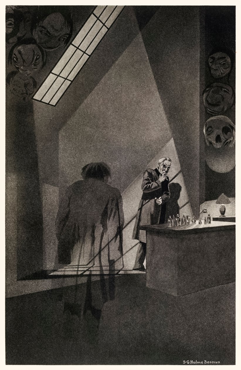 Hrůza mého druhého já“ z „Podivného případu doktora Jekylla a pana Hyda“ od Roberta Louise Stevensona (1850-1894) Ilustrace S.G. Hulme Beaman (1887-1932)Více informací viz níže. od S. G. Hulme Beamam
