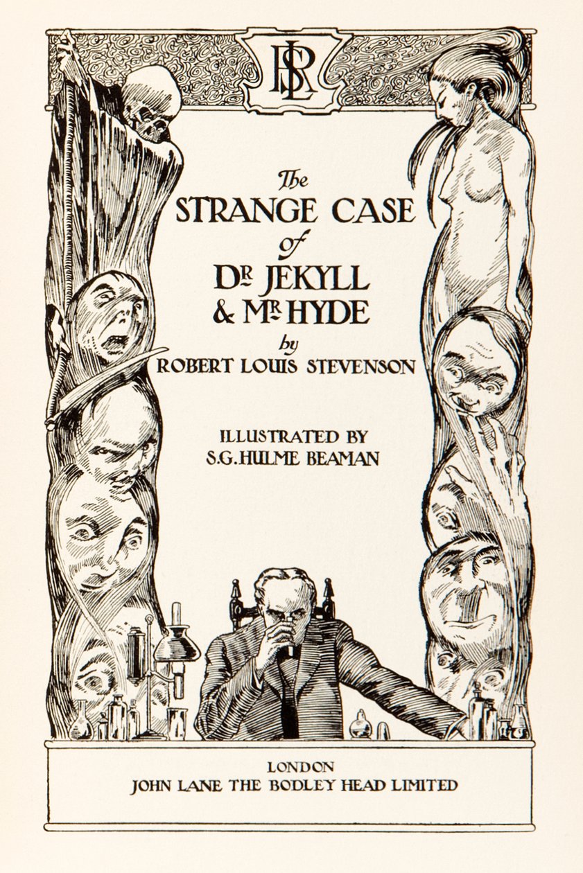 Titulní strana z „Podivného případu doktora Jekylla a pana Hyda“ od Roberta Louise Stevensona (1850-1894) Ilustrace S.G. Hulme Beamam (1887-1932) pro vydání z roku 1930. Další informace naleznete níže. od S. G. Hulme Beamam