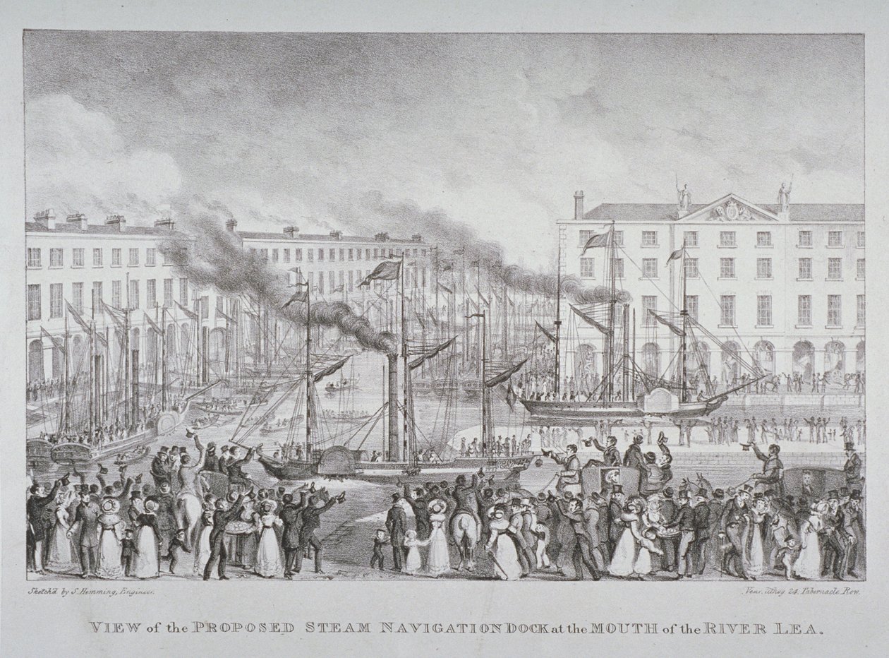 Pohled na navrhovaný přístav pro parní plavbu v ústí řeky Lea, asi 1835 od S. Hemming