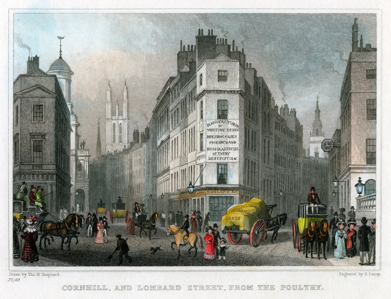 Cornhill a Lombard Street z Poultry, City of London, 1830. od S. Lacey