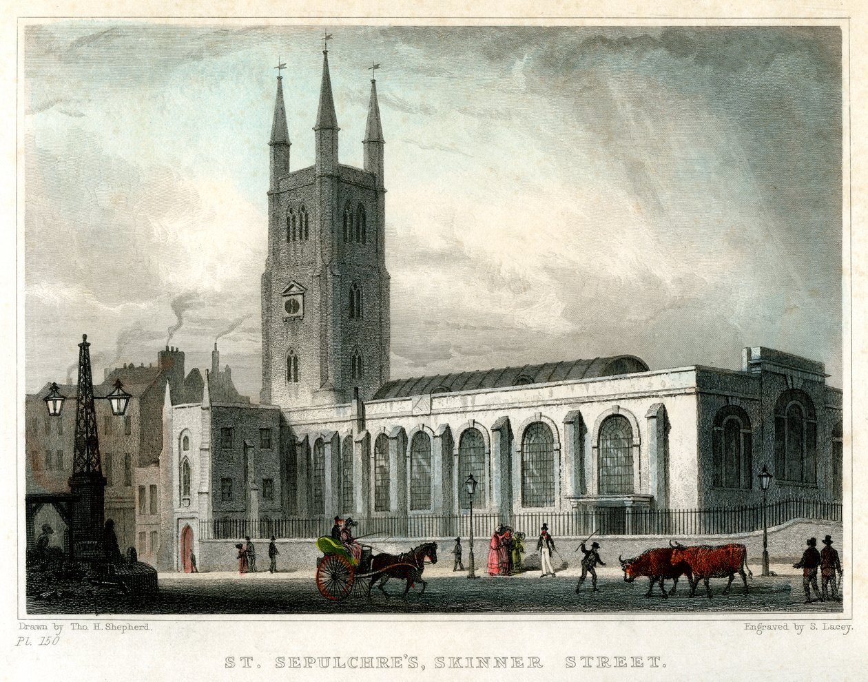 Kostel St Sepulchres, Skinner Street, City of London, c1830. od S. Lacey