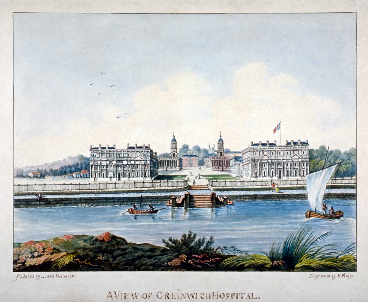 Pohled na nemocnici Greenwich z Isle of Dogs, Londýn, c1800 od S Malgo