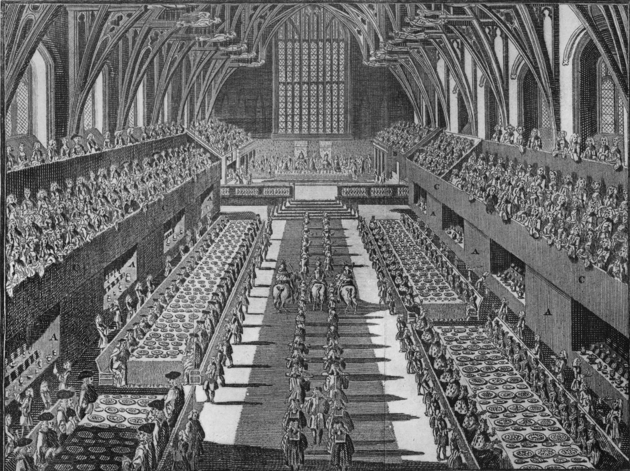 Interiér Westminster Hall na korunovační hostině krále Jiřího II, 1727 1911 od S Moore