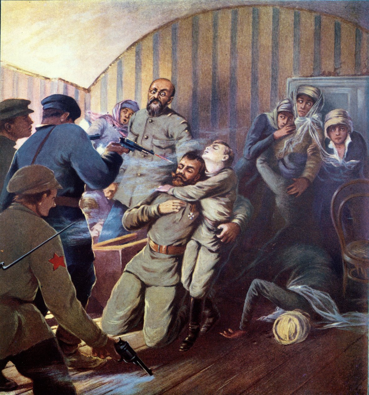 Poprava cara Nicholase II (1868-1918) a jeho rodiny v Jekatěrinburgu, 17. července 1918, z Histoire des Soviets H. de Weindel, 1923-24 od S. Sarmat