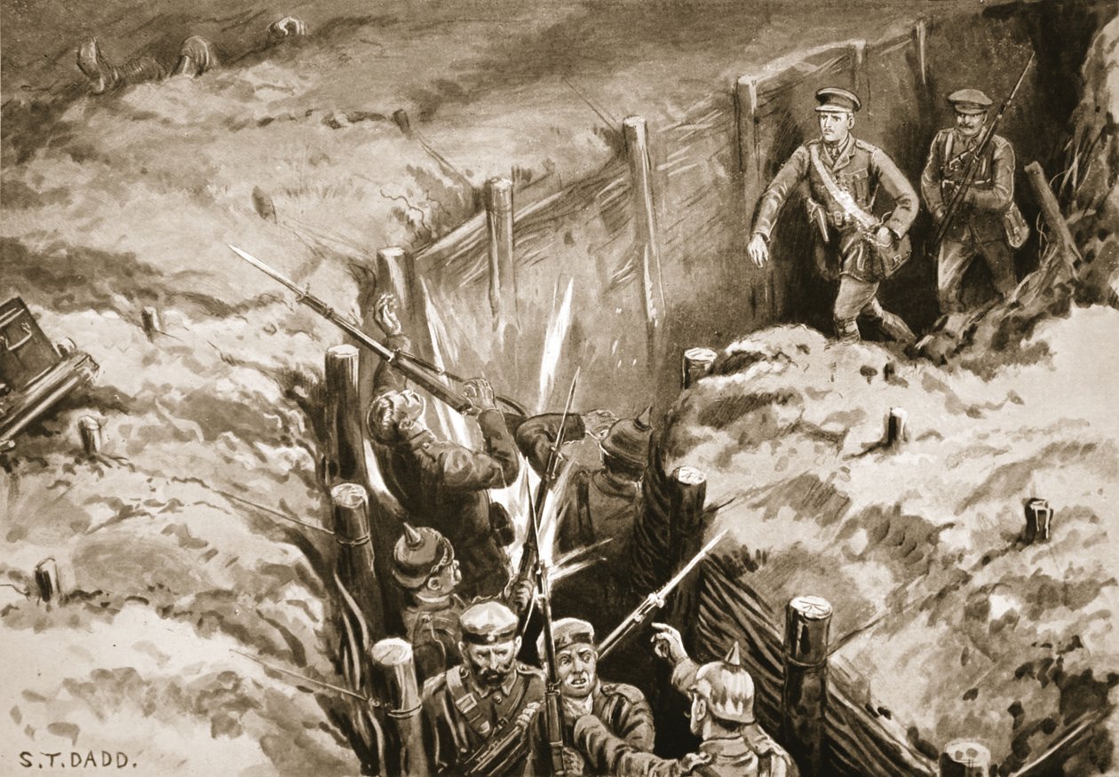 Druhý poručík Turner vede bombový útok na německý komunikační příkop (litho) od S. T. Dadd