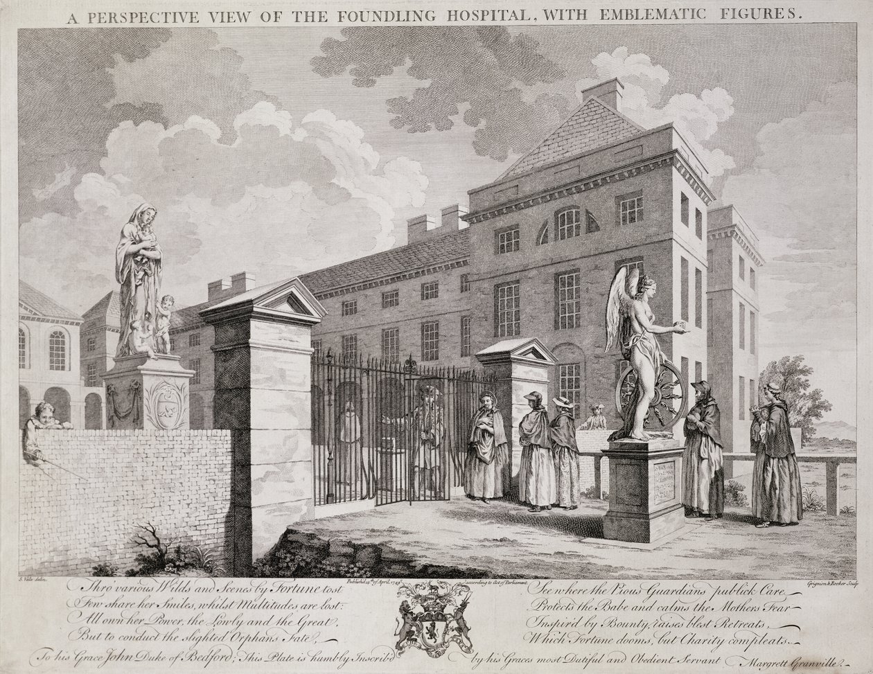Perspektivní pohled na Foundling Hospital s emblematickými postavami, 1749 od S. Vale