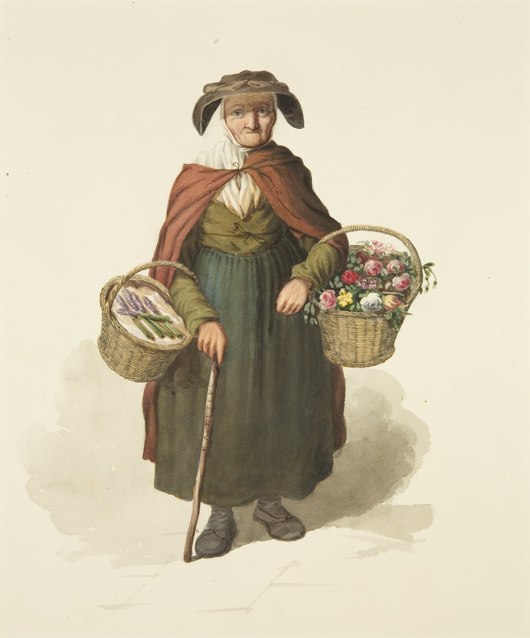 Old Kingswood Flower Seller, cca 1828 (tužka a akvarel na papíře) od S. or D. A. Peters