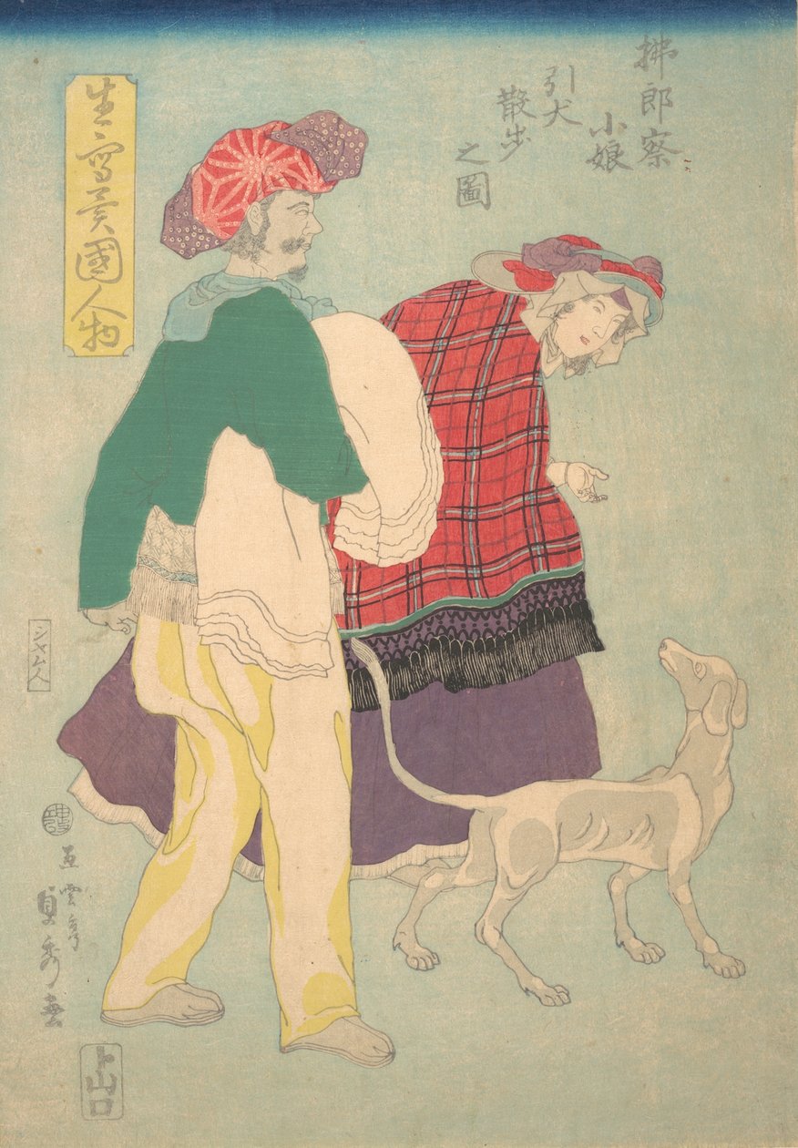 Francouzská dívka venčí psa v doprovodu siamského sluhy, 11. měsíc, 1860. od Sadahide Utagawa