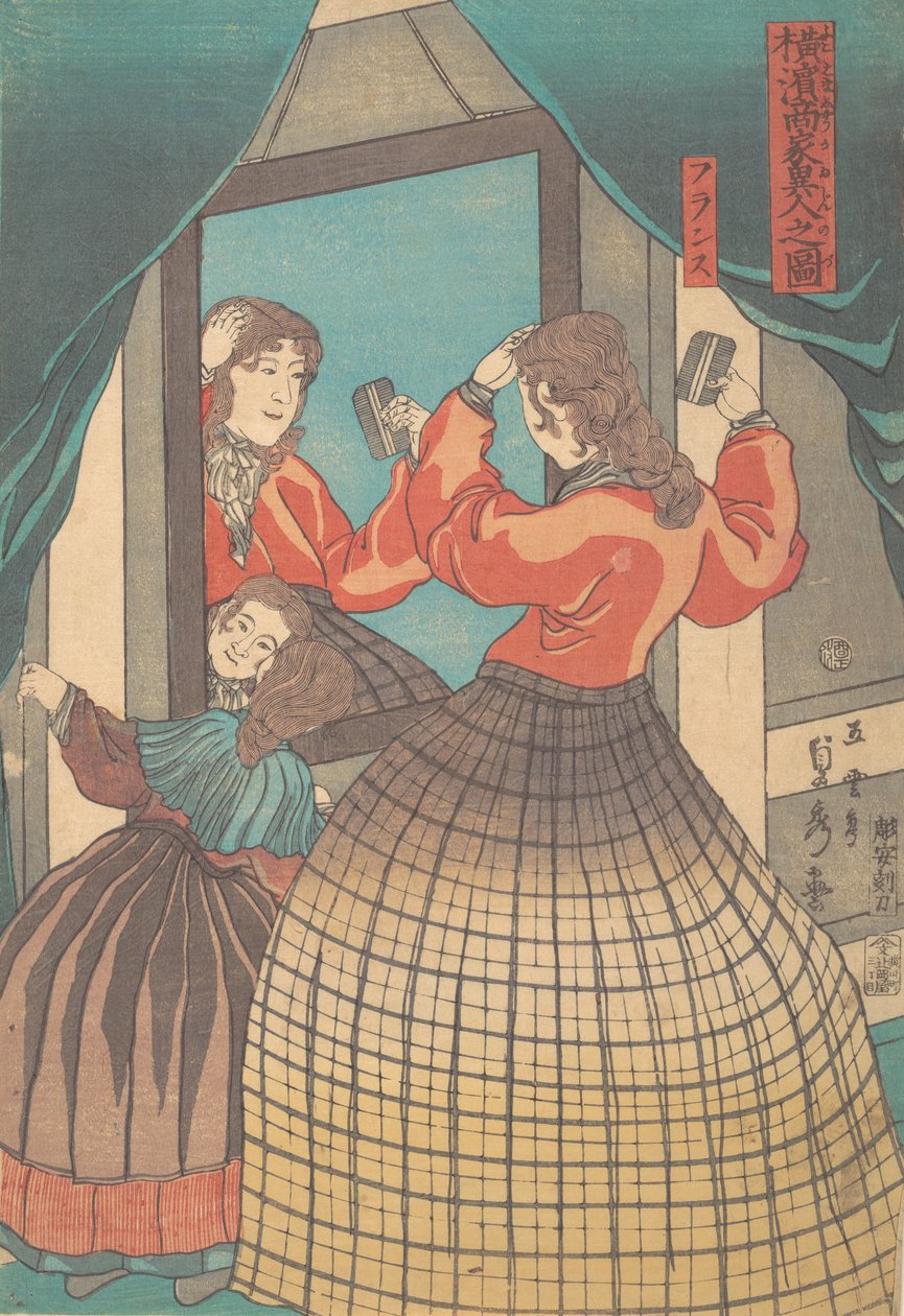 Francouzská žena a dívka ze série Zahraniční obchodníci v Jokohamě, 1861. od Sadahide Utagawa