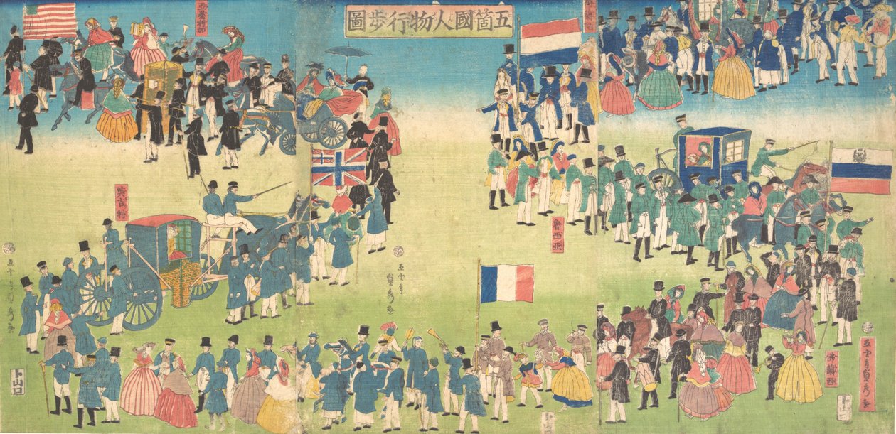 Procesí lidí z pěti zemí: Holandsko, Rusko, Francie, Anglie a Amerika, 1861., od Sadahide Utagawa