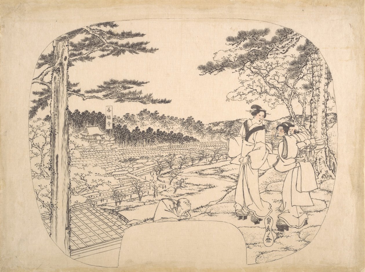 Dvě ženy obdivující památky z vyhlídky...chrám Zenpukuji, 19. století. od Sadahide Utagawa