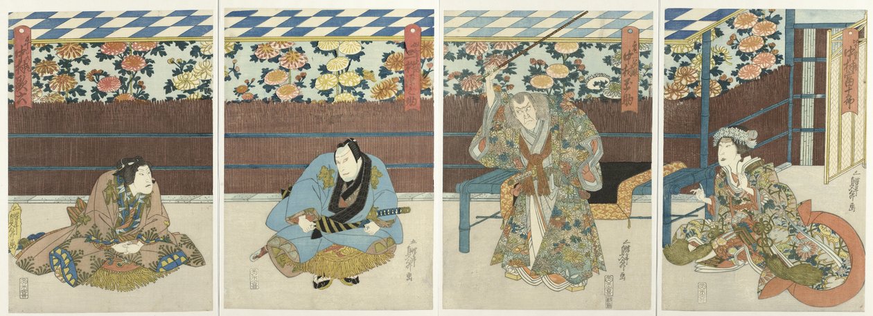 Čtyři herci na podzimní výstavě květin od Sadamasu (II) , Utagawa