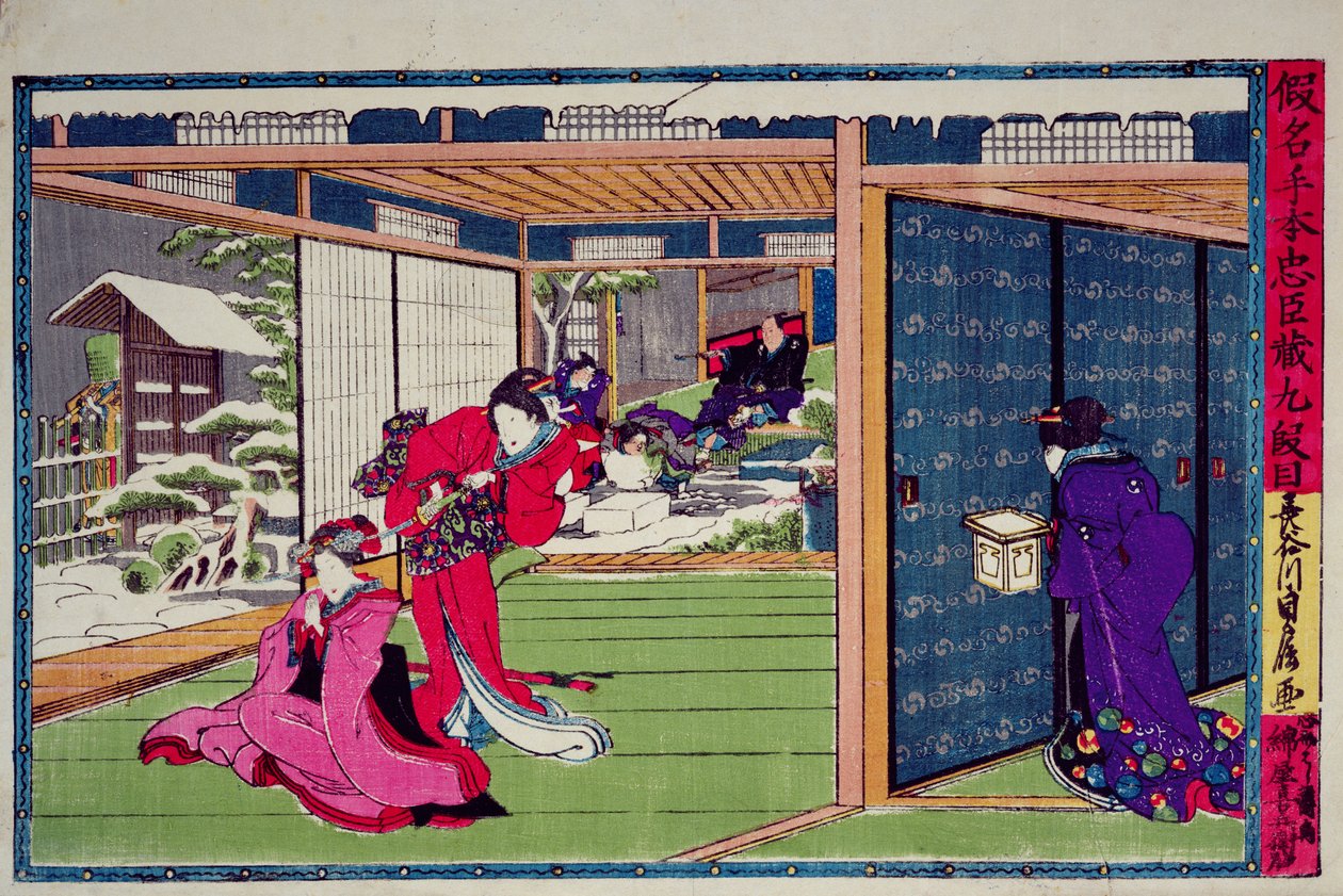 Scéna z 9. dějství hry kabuki "Kanadehon Čušingura", příběh pomsty založený na incidentu se čtyřiceti sedmi róniny z roku 1703, asi 1870 (barevný dřevoryt) od Sadanobu Utagawa