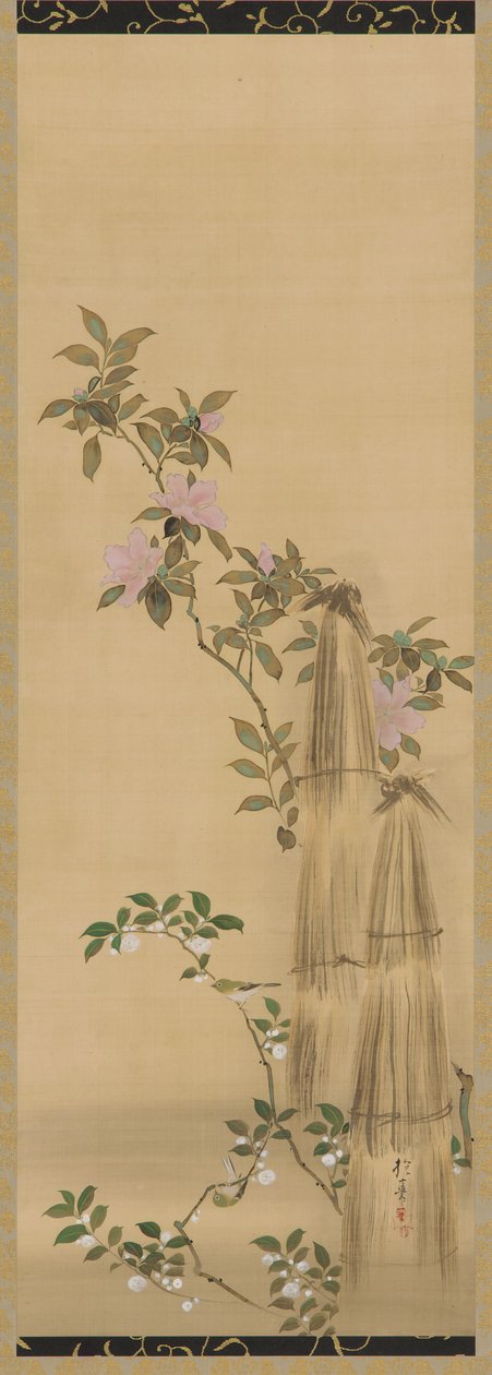 Růžové a bílé květy a slaměné krytiny, období Edo, 1761-1828. od Sakai Hoitsu