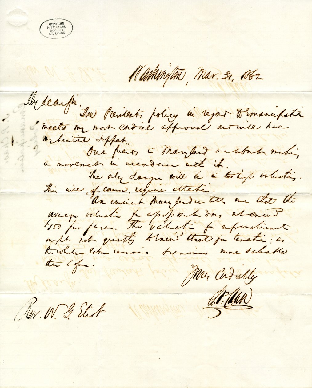 Dopis podepsaný SP Chase, Washington, W.G. Eliotovi, 31. března 1862 od Salmon P. Chase