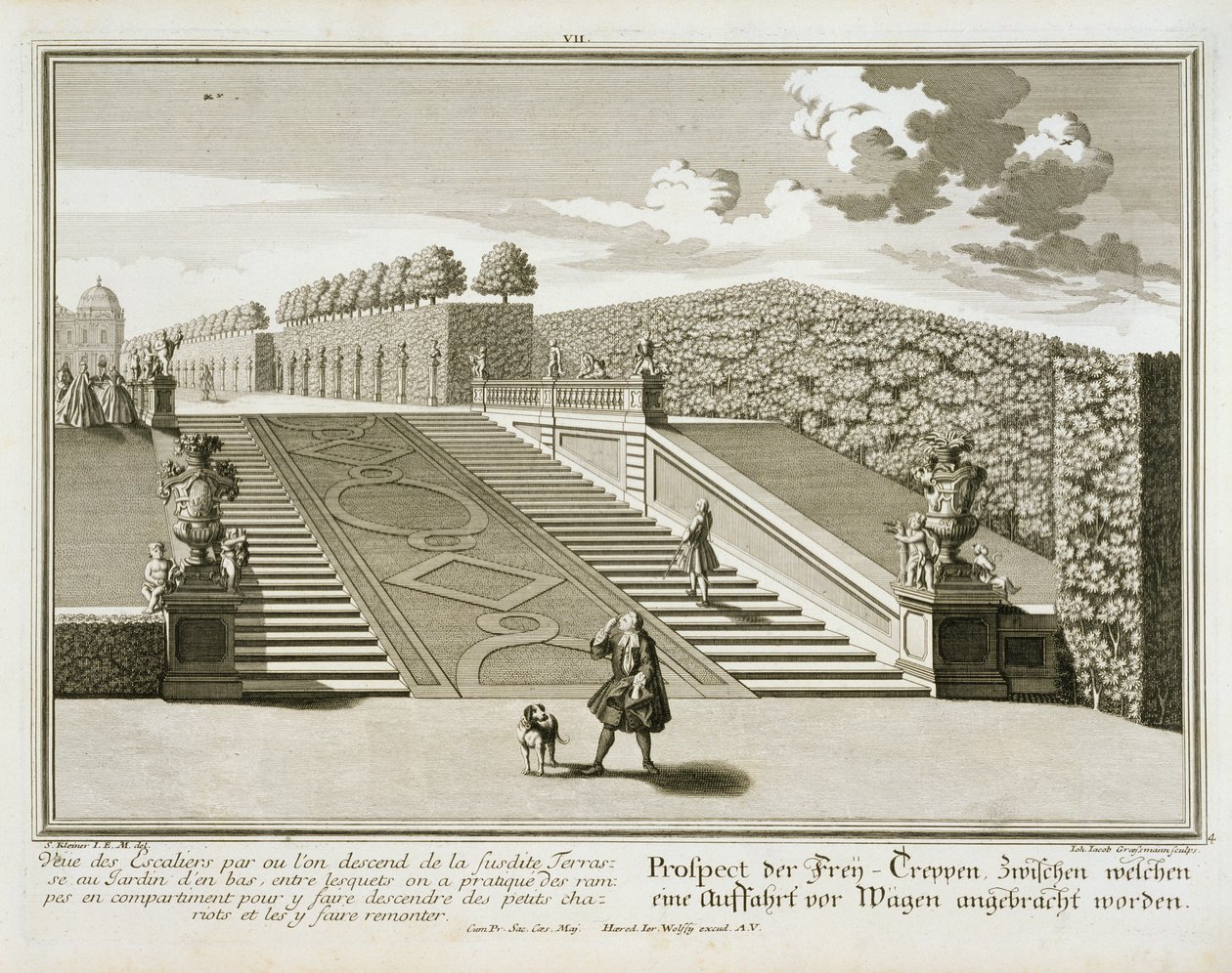 Schody na zahradní terasu, palác Belvedere, Vídeň, vyryto Johannem Jacobem Grossmannem, vydáno kolem 1730-40 od Salomon Kleiner