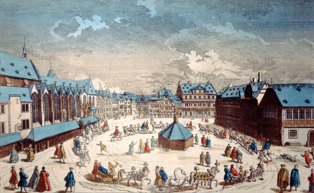 Pohled na náměstí Liebfrauenberg v zimě, Frankfurt nad Mohanem, 1738 od Salomon Kleiner