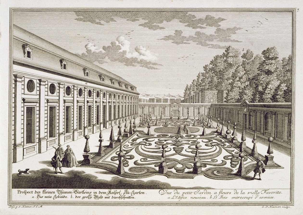 Pohled na květinovou zahradu u Vídně, z rytiny "Vorstellung folgender Lustgarten ausser der Residenz-Stadt Wienn", kterou vyryl Georg Daniel Heumann (1691-1759), vydáno asi 1724-37. od Salomon Kleiner