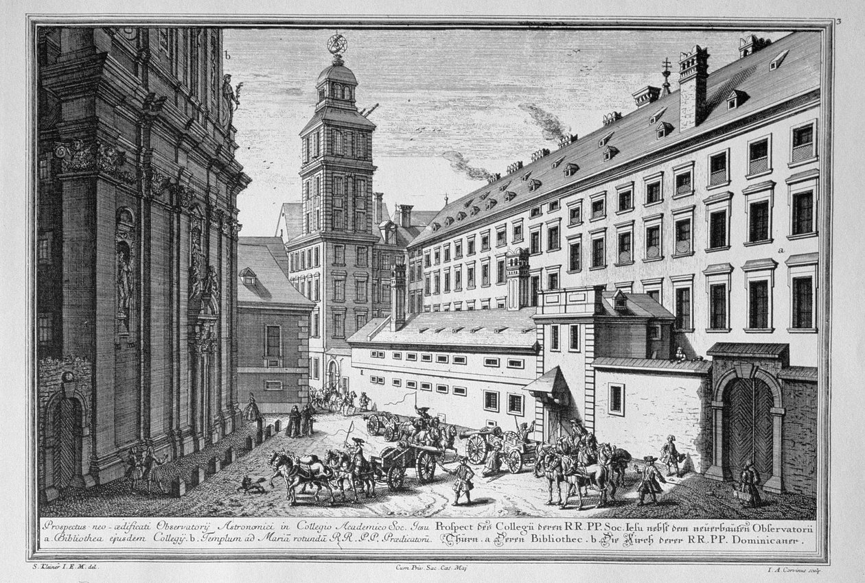 Pohled na novou hvězdárnu v jezuitské koleji ve Vídni s knihovnou a kostelem sv. Marie Rotunda vyrytý Johannem-Augustem Korvínem (1683-1738) od Salomon Kleiner