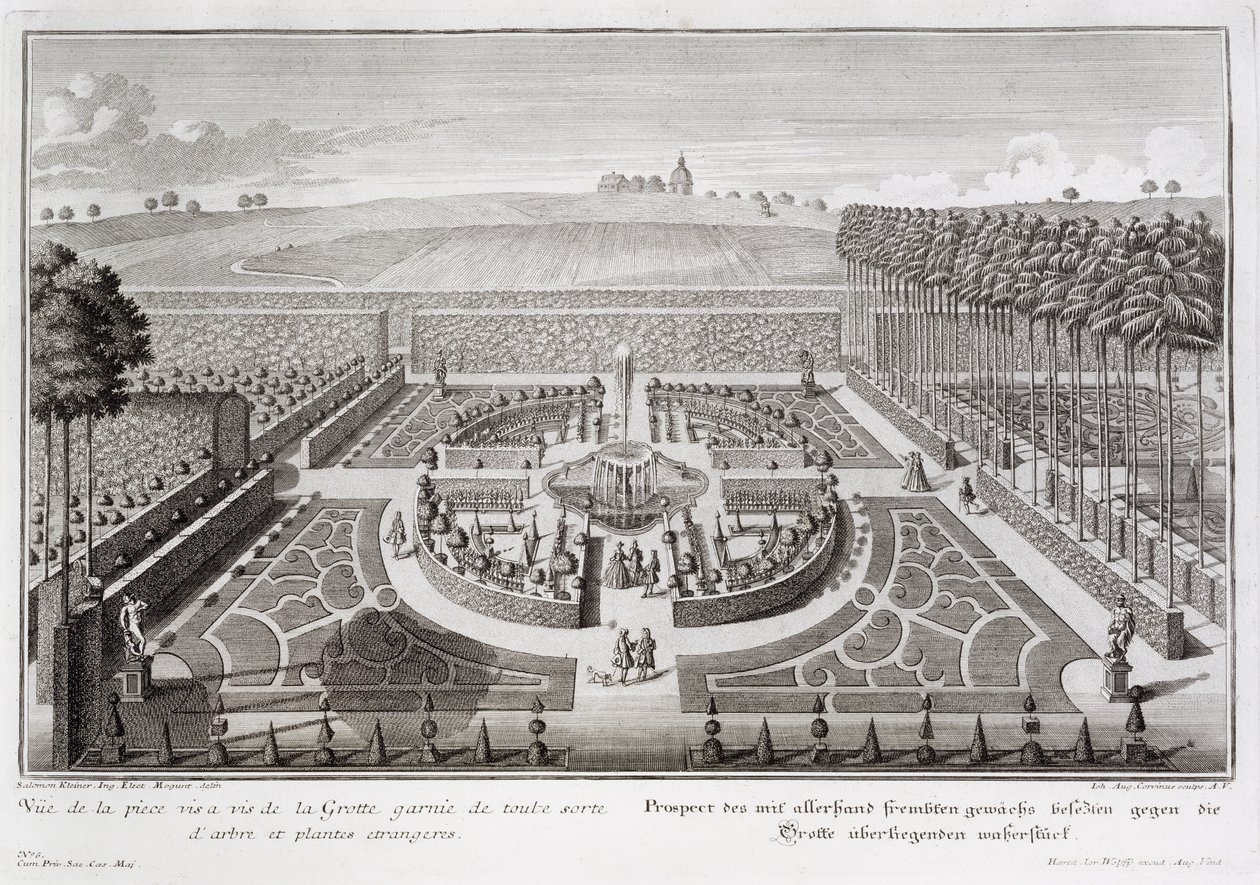 Pohled na zahradu topiary vedle jeskyně, Geibach, rytý Johann August Corvinus (1683-1738), vydáno 1728 od Salomon Kleiner