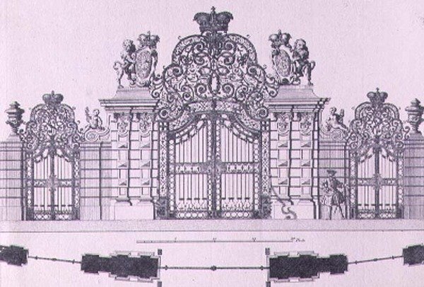 Plán a nárys vstupních bran do zámku Belvedere ve Vídni pravděpodobně navrhl Johann George Oegg kolem roku 1725, vyryl Johann August Corvinus (1683-1738) od Salomon after Kleiner