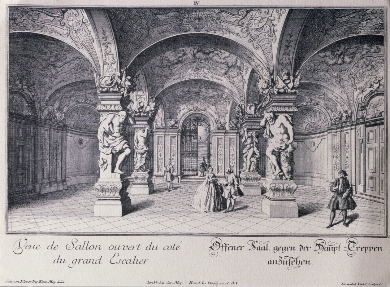Sál (Sala Terrena) Horního Belvederu ve Vídni začal v roce 1721 Johannem Lukasem von Hildebrandtem, vyryl Thelot od Salomon after Kleiner