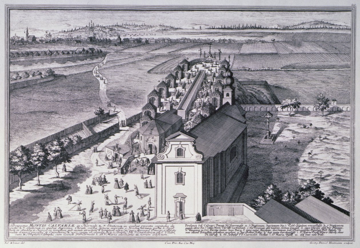 Pohled na kopec Kalvárie u Vídně vyrytý Georg-Danielem Heumannem (1691-1759) od Salomon after Kleiner