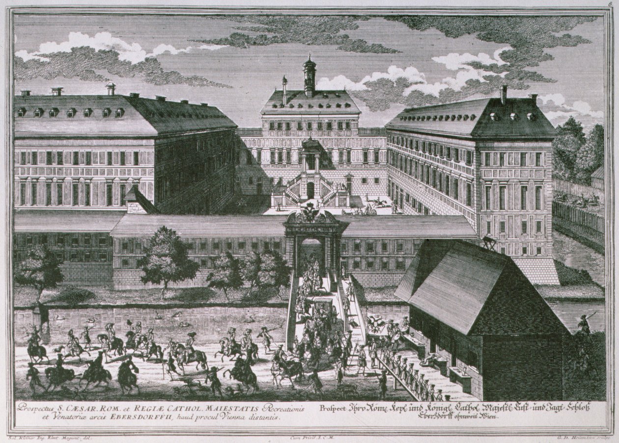 Pohled na Schloss Ebersdorff u Vídně vyrytý Georg-Danielem Heumannem (1691-1759) od Salomon after Kleiner