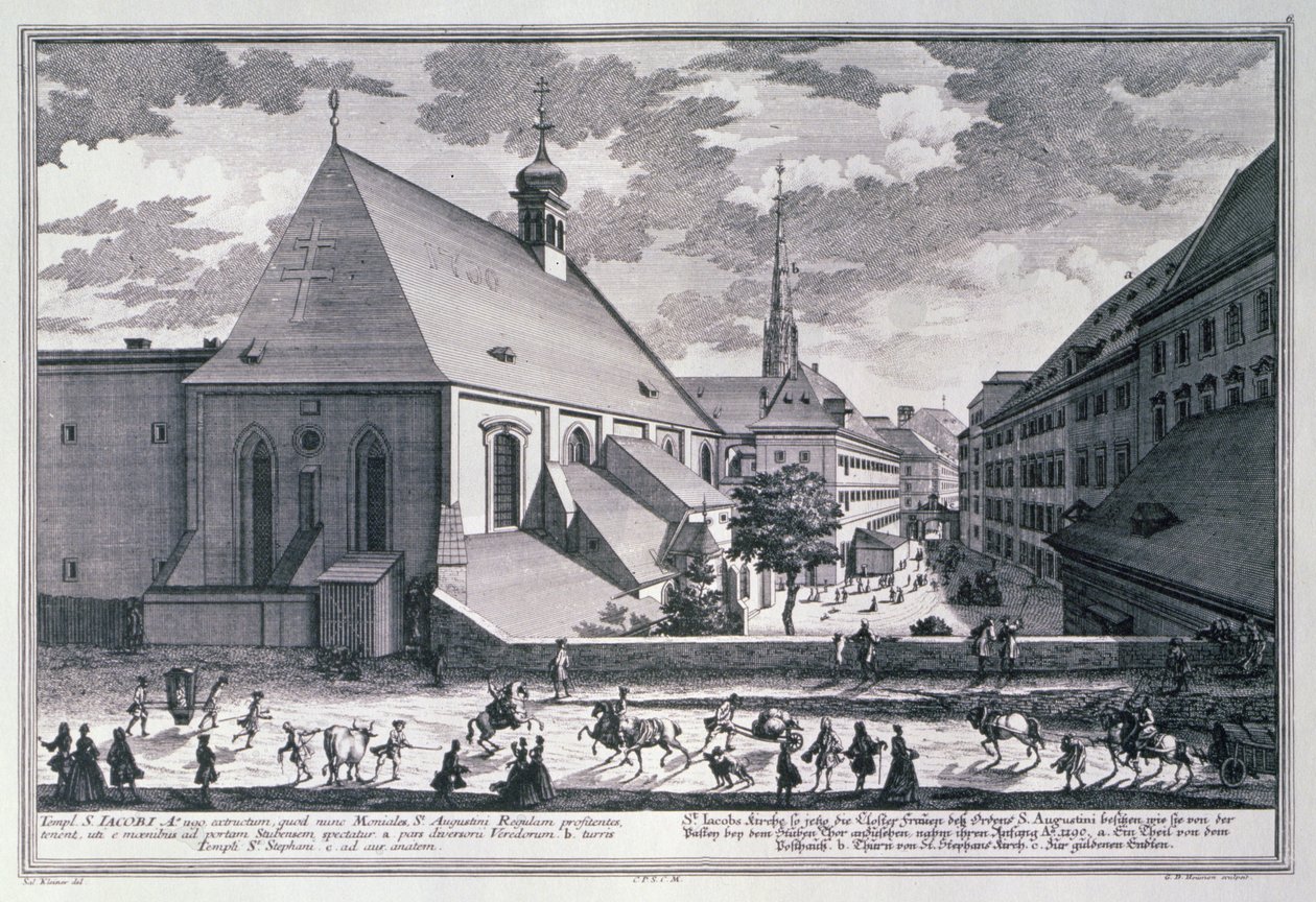 Pohled na kostel sv. Jakuba, Vídeň, rytý Georg-Daniel Heumann (1691-1759) od Salomon after Kleiner
