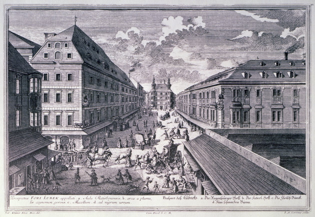 Pohled na Fori Lubek vyrytý Johannem-Augustem Corvinem (1683-1738) od Salomon after Kleiner