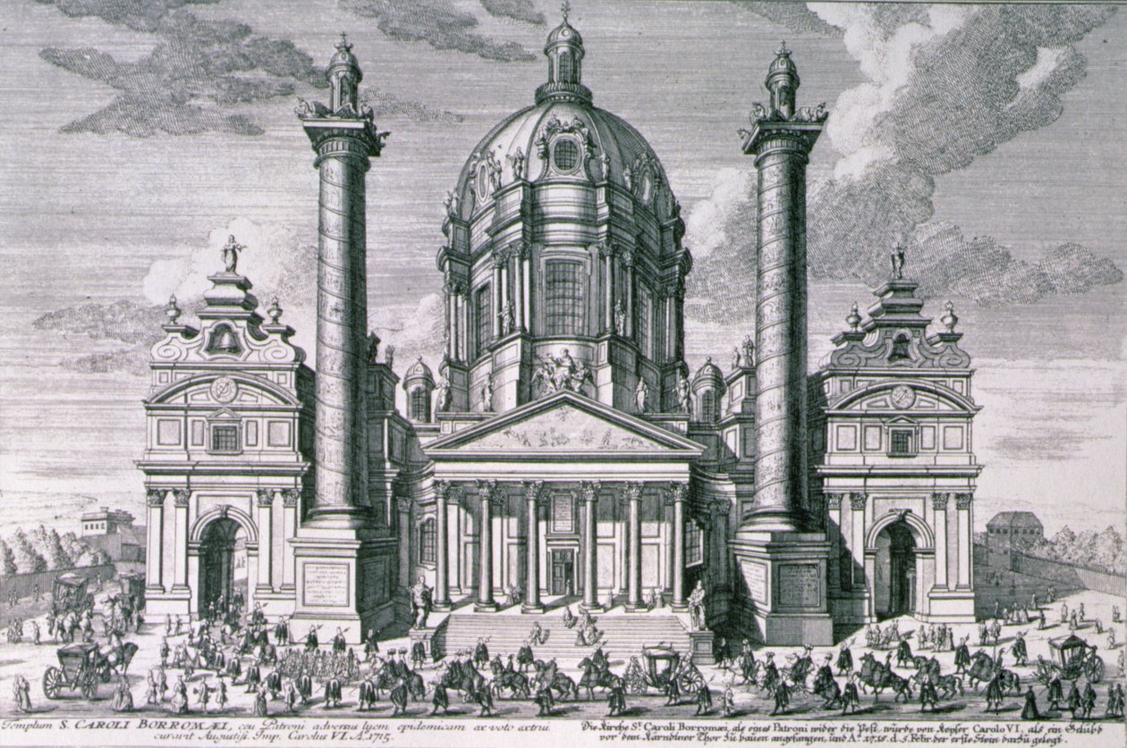 Pohled na Karlskirche, Vídeň, vyrytý Hieronymem Sperlingem (1695-1777) od Salomon after Kleiner