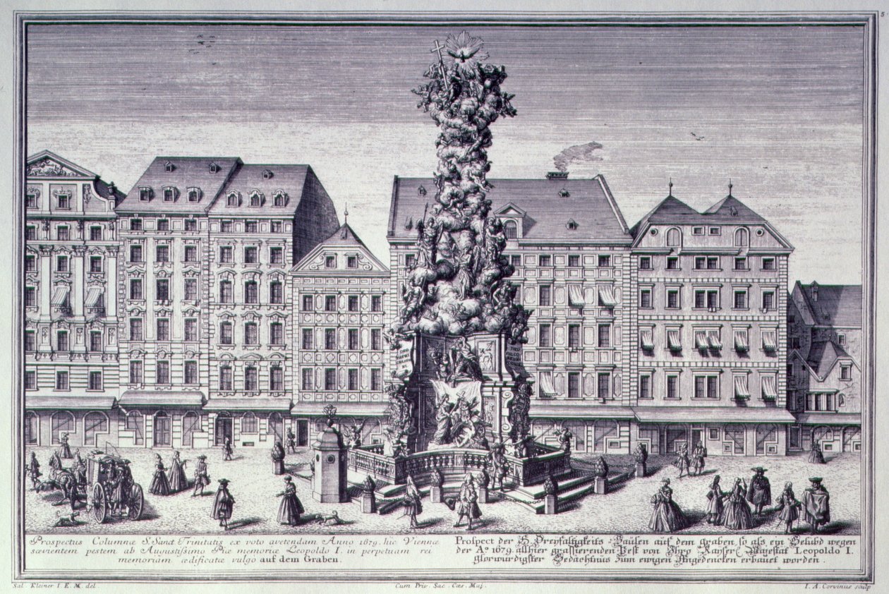 Pohled na Pestsaule, morový sloup, který nechal postavit císař Leopold I. na památku vídeňského vysvobození z moru v roce 1679, navržený jezuity a popravený Matyášem Rauchmillerem, Lodo od Salomon after Kleiner