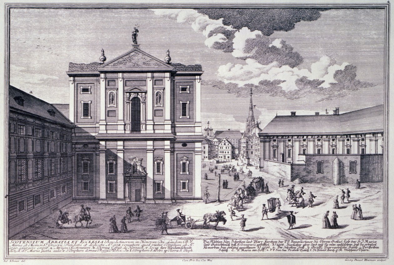 Pohled na Schottenkirche (skotský kostel) vyrytý George-Danielem Heumannem (1692-1759) od Salomon after Kleiner