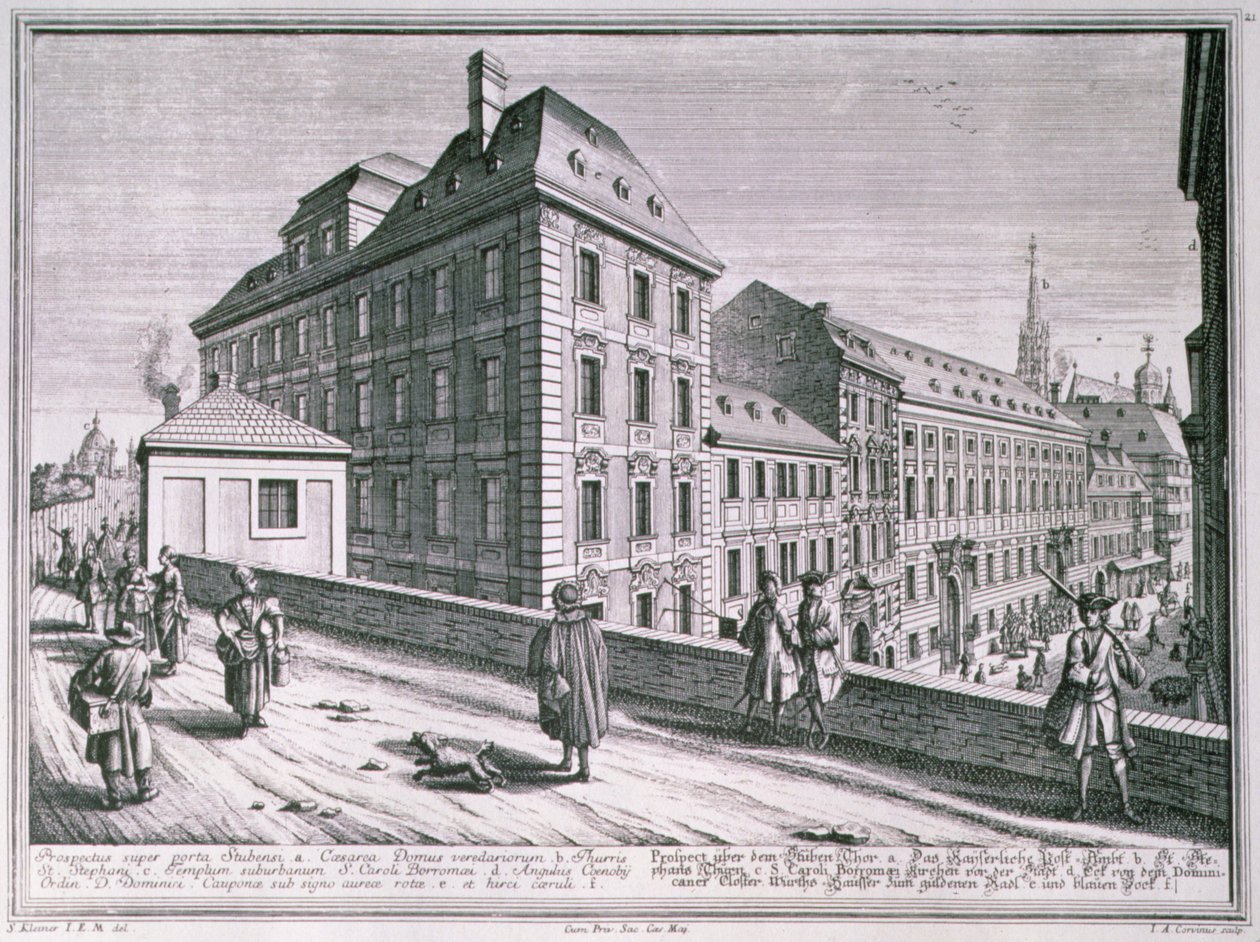 Pohled na okolí katedrály sv. Štěpána ve Vídni, rytina Johanna-Augusta Corvina (1683-1738) od Salomon after Kleiner