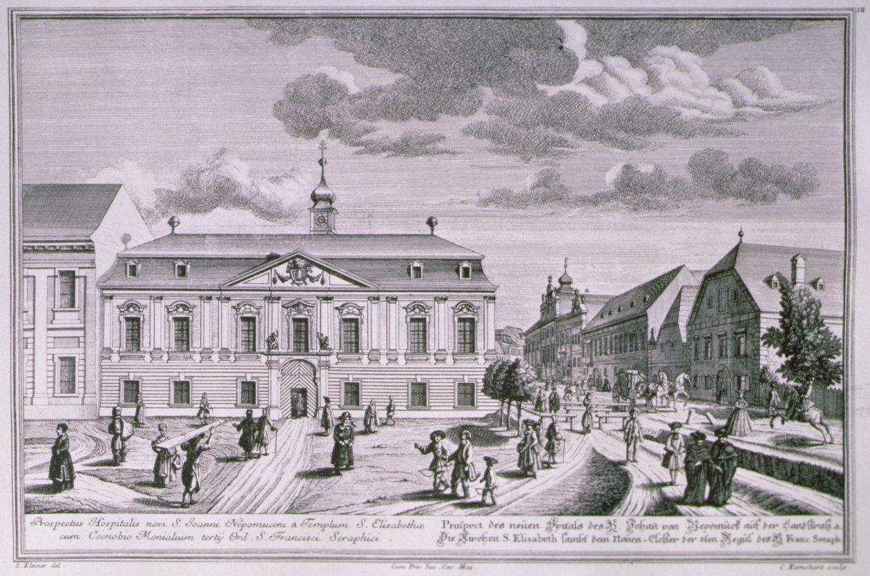 Pohled na nový špitál svatého Jana Nepomuckého ve Vídni, rytina Karla Remsharda (1678-1735) od Salomon after Kleiner