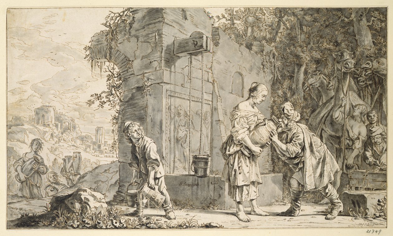 Rebecca a Eliezer, 1660 (pero a inkoust a mytí na papíře) od Salomon de Bray