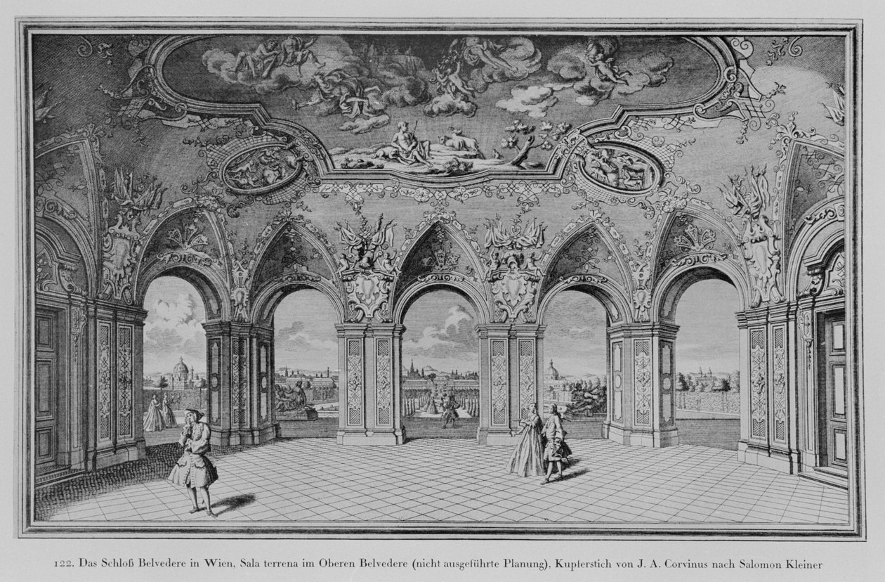 Oberes Belvedere: Sala terrena, nerealizovaný návrh, rytý Johann August Corvinus (litho) od Salomon (after) Kleiner