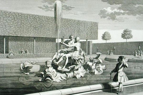 Neptunova a Thetisova fontána v paláci Belvedere ve Vídni, vyrytý Jakobem Gottliebem Thelottem (asi 1711-75), vydáno asi 1730-40 (rytina) od Salomon (after) Kleiner