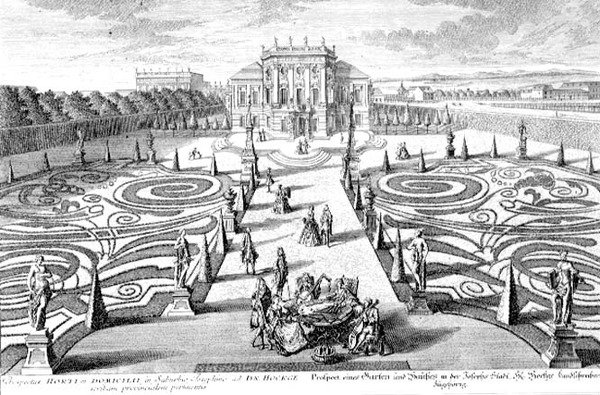 Pohled na zahradu a dům v Josefstadtu ve Vídni, vyrytý Johannem Augustem Corvinem (1683-1738) (rytina) od Salomon (after) Kleiner
