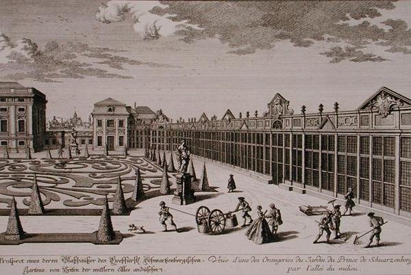 Pohled na jednu z oranžerií v zahradě knížete ze Schwarzenbergu ve Vídni, ryl Georg-Daniel Heumann (1691-1759), vydáno kolem 1724-37 (rytina) (viz také 170855) od Salomon (after) Kleiner