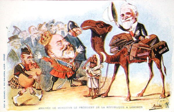 Karikatura příjezdu prezidenta Francouzské republiky Emile Loubeta (1838-1929) do Londýna v roce 1903 (barevné lito) od Salomon Assus