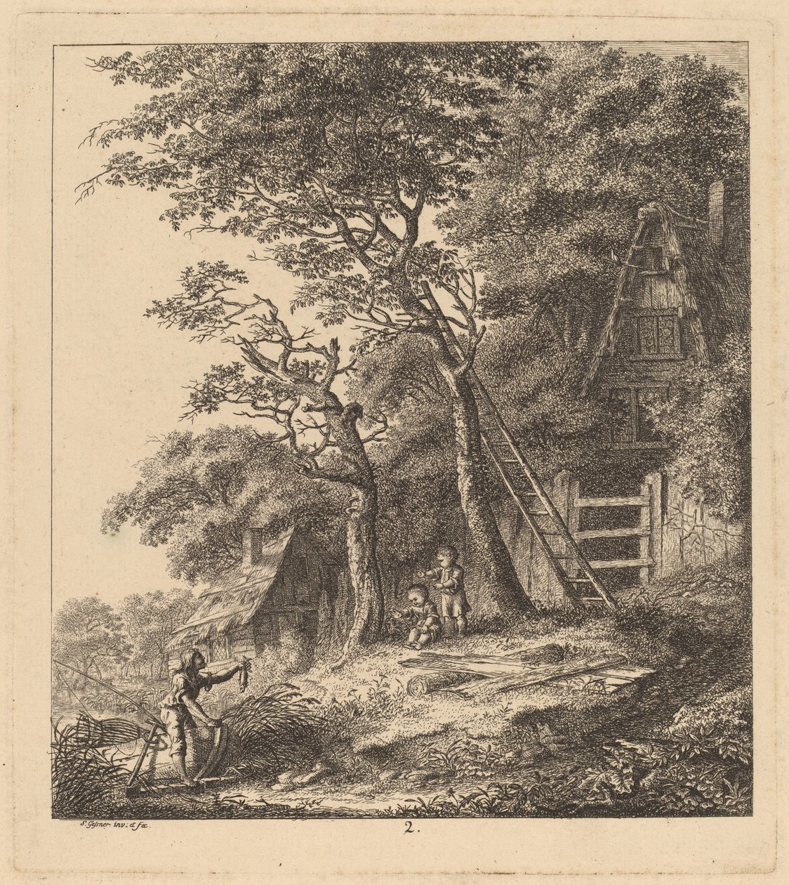 Rybář a dvě děti v krajině s doškovými chalupami, 1764. od Salomon Gessner